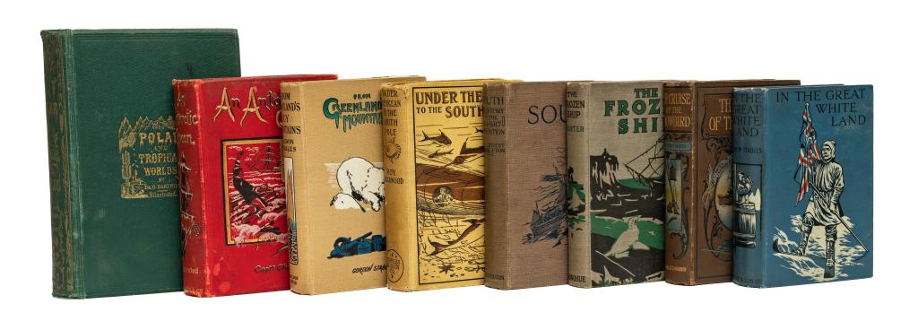 [TRAVEL/ARCTIC] LOT OF 8 VOLS SOLD TOGETHER: TRAVEL/ARCTIC. A lot of 6 volumes sold together. Most 8vo, pictorial cloth, frontispieces, publisher' ads at back. Generally very good condition, various imperfections: shelfwear, extremities rubbed, 