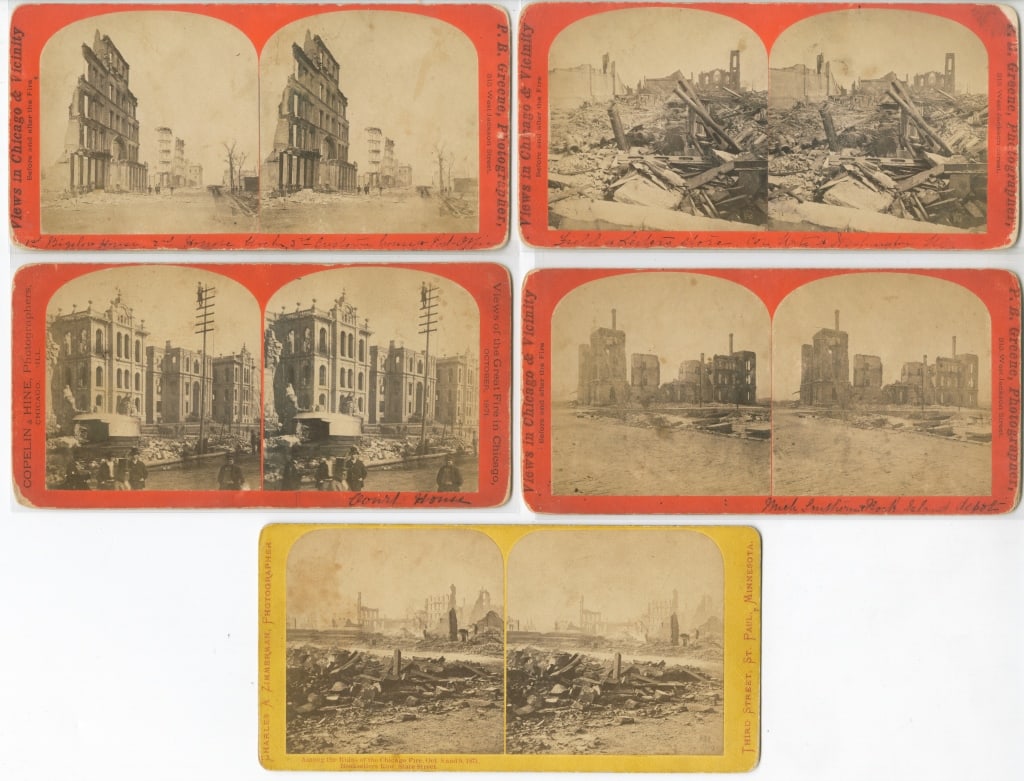 [STEREOS] CHICAGO FIRE 1871. LOT OF 5 TOGETHER: CHICAGO FIRE OCTOBER 8 AND 9 OF 1871. A lot of 5 stereos sold together. Four by P.B. Greene, one other by Charles A. Zimmerman (Minnesota). Mounted to cardstock, captioned. Showing the destruction of 