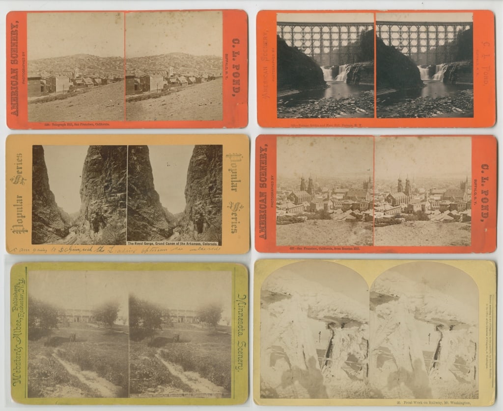 [STEREOS] AMERICAN VIEWS. LOT OF 12 SOLD TOGETHER: AMERICAN VIEWS. A lot of 12 stereos sold together. Dates include 1852, 1853, 1860, 1877, etc. Various photographers/publishers: C.L. Pond (Buffalo); R.S. De Lamater (Hartford, Conn.); J.H. French (Kee