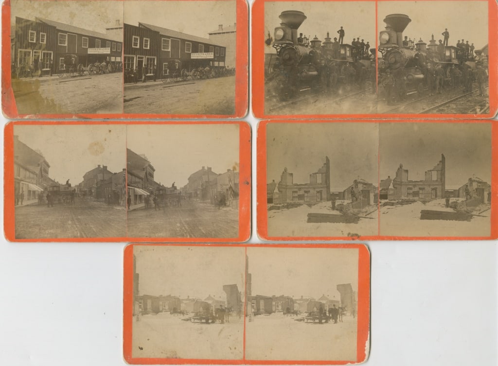 [STEREOS] CHARRON, W.M. (PEMBROKE, ON). 5 TOGETHER: W.M. CHARRON (Pembroke, ON). A lot of 5 stereos sold together. Mounted to cardstock, printed backs. Including a shot of many men arrange around/on a locomotive; people standing before ruined buildings