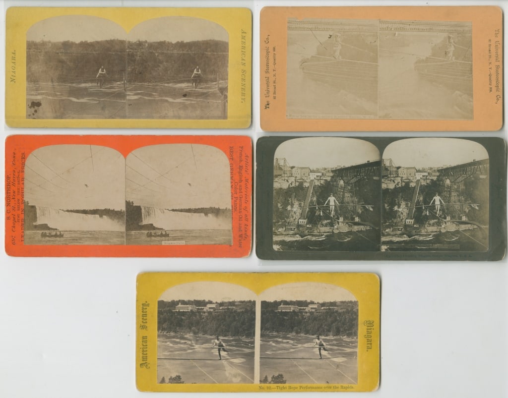 [STEREOS] TIGHT ROPE OVER NIAGARA. LOT OF 5: TIGHT ROPE WALKING OVER NIAGARA. A lot of 6 stereos sold together. Various photographers: S.C. Northrop (New Haven, Conn.); Universal Stereoscopic Co. (New York); Geo. Stacy; G.W. Thorne (New York); A