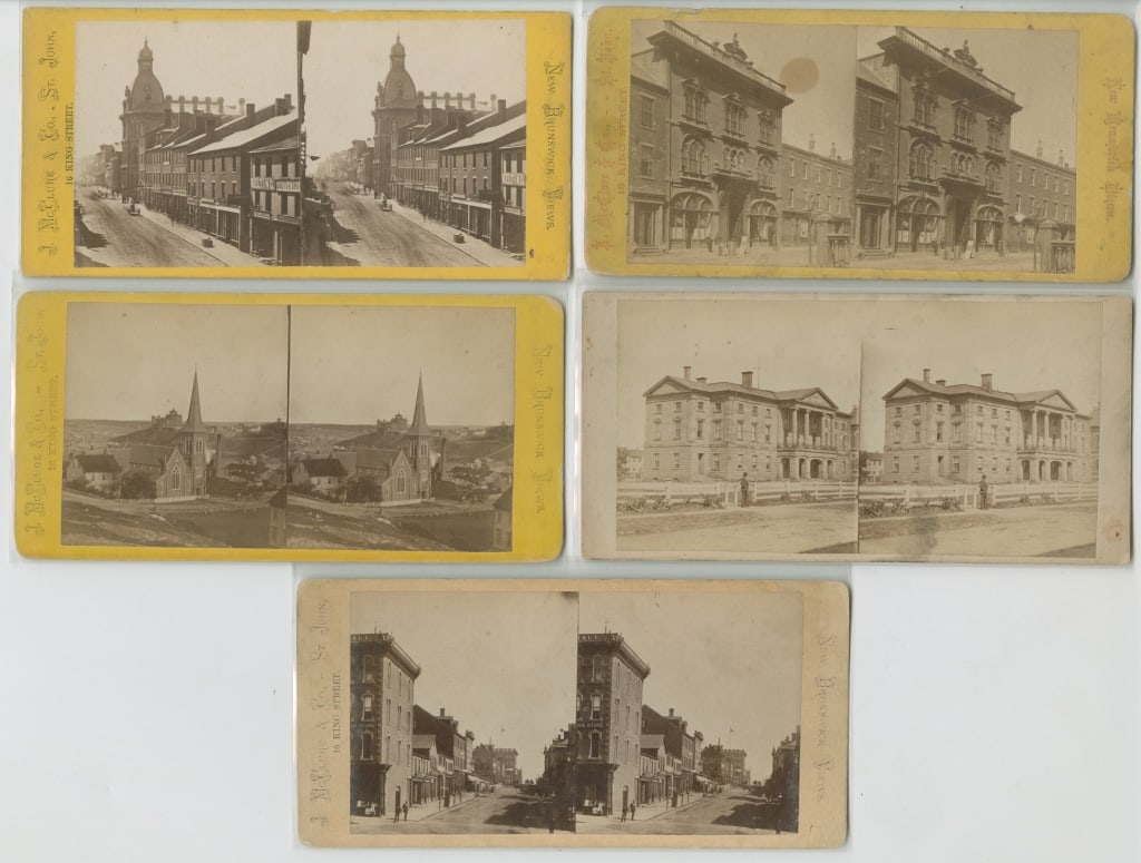 [STEREOS] MCCLURE, J. NEW BRUNSWICK/PEI. LOT OF 20: MCCLURE, J. A lot of 20 stereos of New Brunswick and Prince Edward Island sold together. Mounted on cardstock, captioned. Captions: Skating Rink, St. John; I.C.R.R. Round House near St, John; Prince W