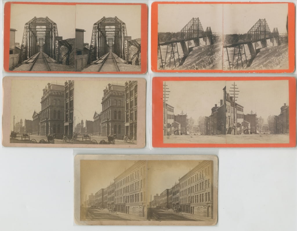 [STEREOS] ERB, ISAAC. NEW BRUNSWICK. LOT OF 9: ERB, ISAAC (St. John). A lot of 9 stereos sold together. Mounted on cardstock, printed backs, all but one captioned by hand. Captions: stereo with no caption showing view of the Hotel Dufferin; Germai