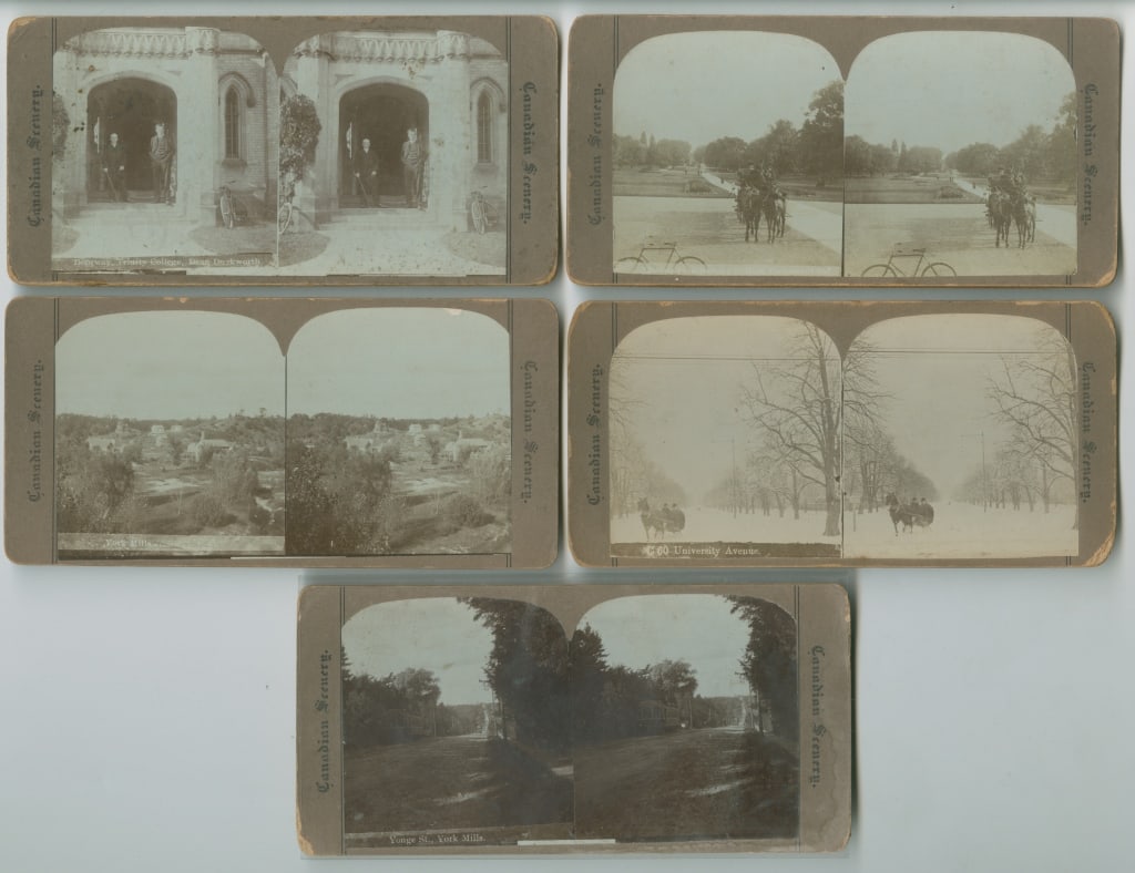 [STEREOS] TORONTO, ETC. LOT OF 9 SOLD TOGETHER: TORONTO, BRITISH COLUMBIA, ALBERTA, ETC. A lot of 9 stereos sold together. Mounted on stiff cardstock, curved, captioned. Views of Toronto include view of men in doorway of Trinity College, University