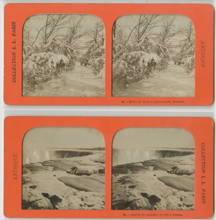 [STEREOS] NIAGARA, COLOURED TISSUE. LOT OF 2: NIAGARA, COLOURED TISSUE STEREO VIEWS. A lot of 2 stereos sold together. Cardstock frames, printed fronts, numbered, captioned. From L.L. Paris Collection, "Amerique." Winter views of Niagara, falls a