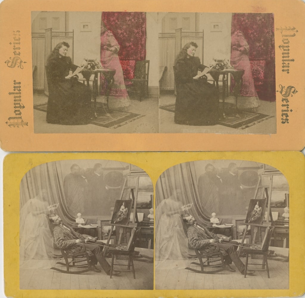 [STEREOS] "SPIRIT" VIEWS. LOT OF 2 SOLD TOGETHER: SPIRIT VIEWS. A lot of 2 stereos sold together. Mounted to cardstock, one with colour highlight, other with paste-on on back: "F.G. Weller (Littleton, NH); "The Artist's Dream. No. 306." Same stereo w