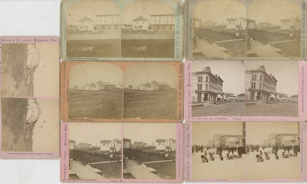 [STEREOS] DUFFIN & CO. (WINNIPEG, MAN). LOT OF 7: DUFFIN & CO. (Winnipeg, Manitoba). A lot of 7 stereos sold together. From series Scenery in Manitoba & the North-West / Lake Superior. Mounted to cardstock, captioned. Including views of an Indigenous