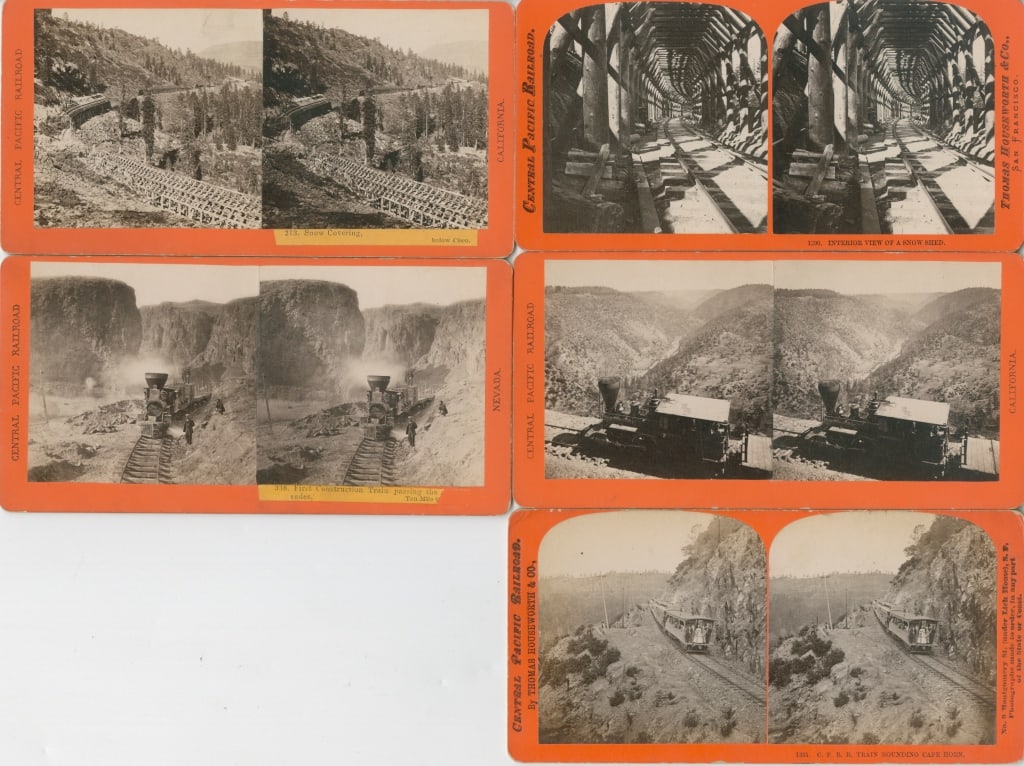 [STEREOS] CENTRAL PACIFIC RAILROAD. LOT OF 5: CENTRAL PACIFIC RAILROAD. Thomas Houseworth & Co. (San Francisco); Alfred A. Hart (Sacramento). A lot of 5 stereos. Mounted to cardstock, numbered and captioned, Hart stereos with printed backs (from 