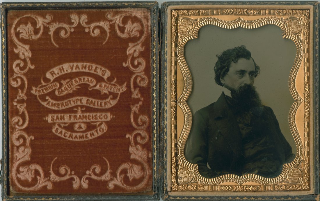 [AMBROTYPE] VANCE, R.H. PORTRAIT OF MAN: AMBROTYPE. [Portrait of bearded man.] Produced by R.H. Vance (San Francisco, Sacramento). Quarter plate. Print in gilt frame. Red velvet lining embossed with maker's imprint. Floral patterned case. Up