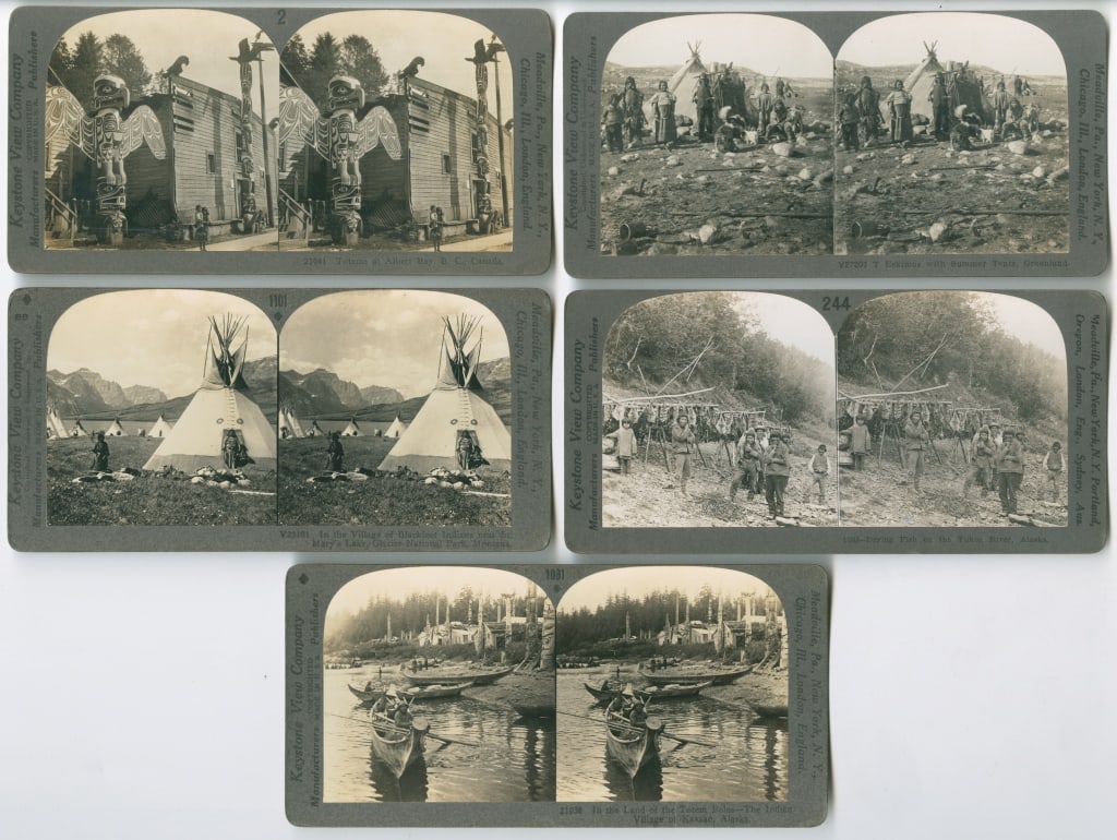[STEREOS] INDIGENOUS. LOT OF 5 SOLD TOGETHER: INDIGENOUS. A lot of 5 stereos sold together. Keystone View Company (Underwood & Underwood), Meadville, PA. Mounted, curved, captioned, numbered, with printed backs. Including: V27203: T Eskimos with 