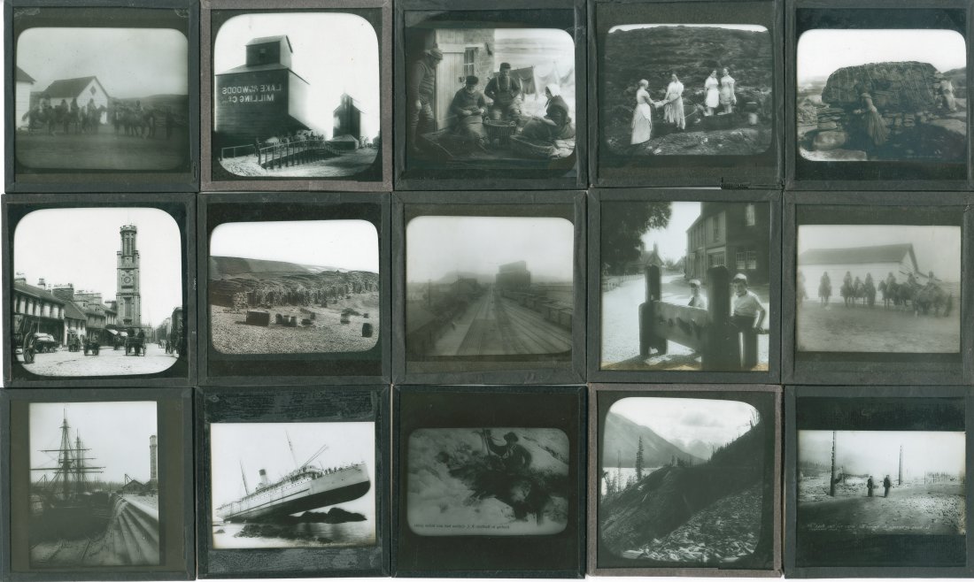 [LANTERN SLIDES] TRAVELS, ETC. LOT OF 122 TOGETHER: LANTERN SLIDES. A lot of approximately 122 lantern slides (42; 80). Circa 1905, dates vary. Slides housed in 2 custom compartmentalized wood boxes, one painted maroon (30.5 x 10 x 10.5 cm), the other 