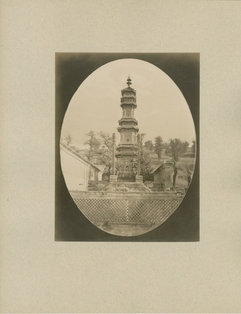 [CHINA] CHILD, THOMAS; RUSFELDT, EMIL. 3 TOGETHER: CHINA. A lot of 3 prints sold together. Circa 1875. Albumens; 2 views of Peking (temple and warrior statues) by Thomas Child, 1 view of drawing room in Hong Kong by Emil Rusfeldt. Mounted on photograp