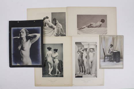 [NUDES] 20TH CENTURY. VARIOUS ARTISTS. LOT OF 6: NUDES. A lot of 6 prints sold together. 20th century. Various artists: Max Koch, etc. Silver prints and photogravures. Silver prints mounted to sheets. One print airbrushed and manipulated for
