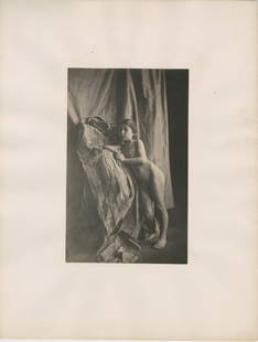 DURIEU, EUGENE. YOUNG GIRL NUDE: DURIEU, JEAN LOUIS MARIE EUGENE. [Young girl nude leaning against wrapped object.] Albumen print photograph mounted on larger sheet. Print: 20 x 12.5 cm; sheet: 35 x 26.5 cm. Generally very good