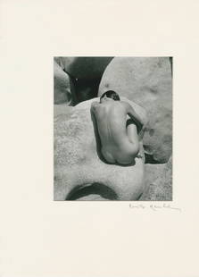 HENLE, FRITZ. NUDE STUDY. VIRGIN GORDA. 1953: Henle, Fritz. NUDE STUDY. VIRGIN GORDA. 1953. Silver print, signed in ink on bottom right; in mat, latter signed by Henle in pencil. Verso with Henle's backmark, German caption labels, German inked