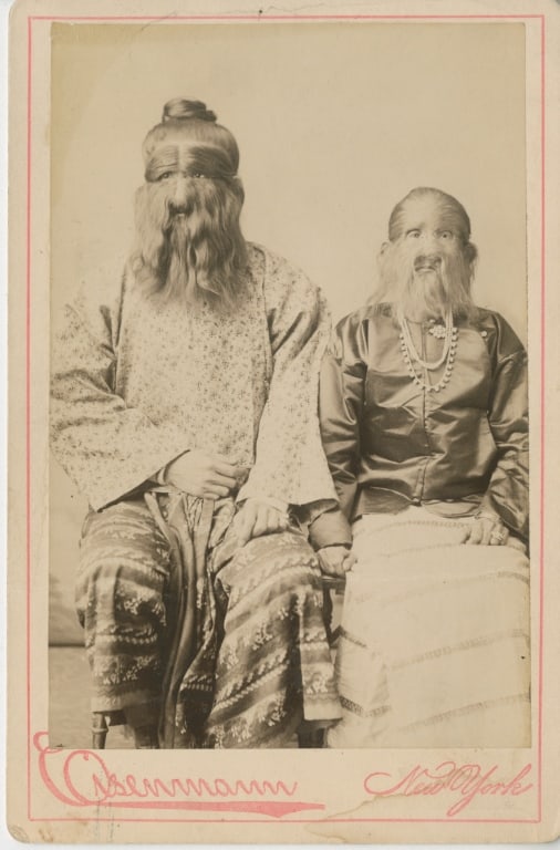 EISENMANN, CHARLES. HAIRY FAMILY, BARNUM'S CIRCUS: Eisenmann, Charles (New York). THE HAIRY FAMILY. Cabinet card. Albumen mounted to cardstock. Verso with Eisenmann's backmark, plus inked caption: "'The Hairy Family' - father + son - from Burmah - in 
