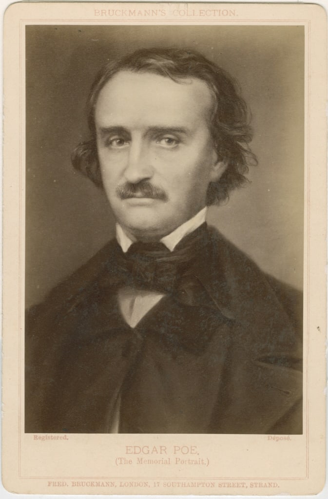 EDGAR ALLAN POE / ROSSINI. LOT OF 2 SOLD TOGETHER: EDGAR ALLAN POE; ROSSINI. A lot of 2 prints sold together: Bruckmann, Fred. (London). EDGAR POE (THE MEMORIAL PORTRAIT). Cabinet card, silver print mounted to printed cardstock, in mat. Print: 14 x 9.