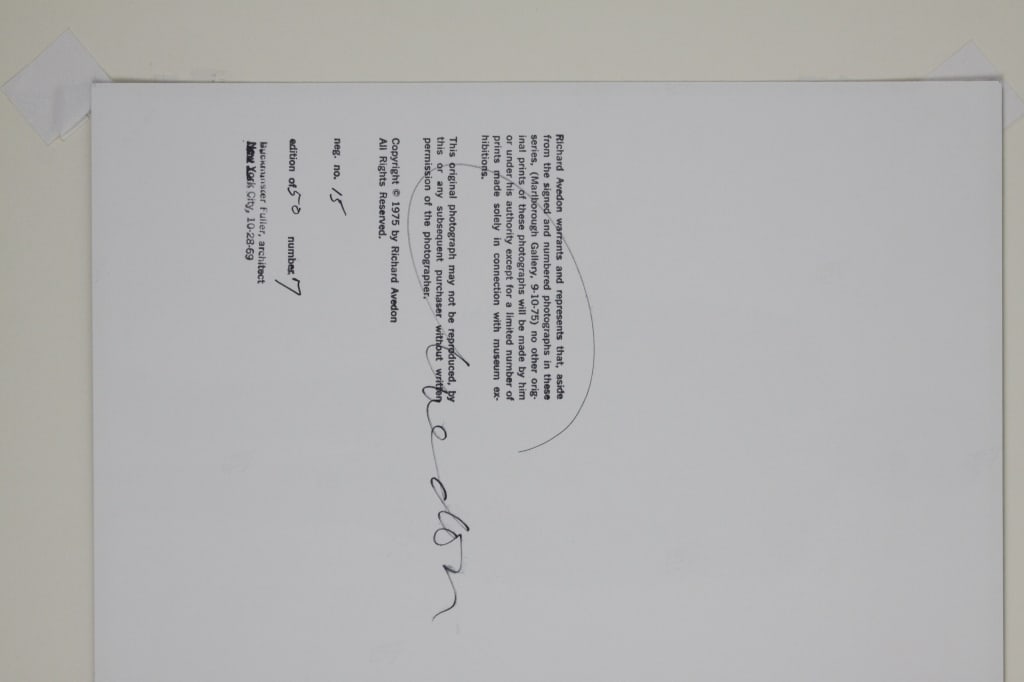 AVEDON, RICHARD. BUCKMINSTER FULLER. 1969: Avedon, Richard. BUCKMINSTER FULLER, ARCHITECT. NEW YORK CITY. 1969. Silver print in mat. From the Marlborough Gallery series 9-10-75. Verso signed by Avedon in marker, copyright and caption stamp, nu