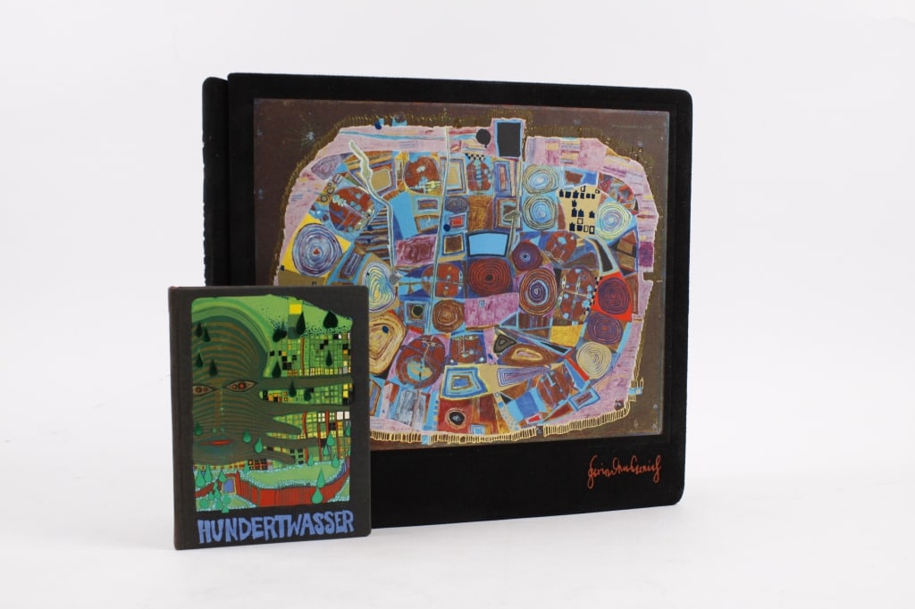 [HUNDERTWASSER] SCHMIED, + EXHIBIT CATALOGUE: HUNDERTWASSER. A lot of 2 volumes sold together. Including: Schmied, Wieland; Hoffman, Werner [editor]. HUNDERTWASSER. Salzburg: Verlag Galerie Welz, 1974. Thick oblong folio. Thick boards in full bla