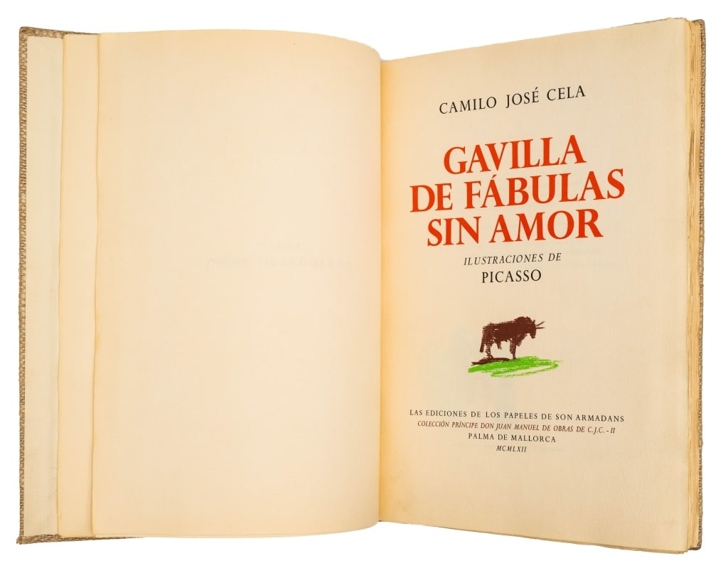 CELA, CAMILO J.; PICASSO. GAVILLA DE FABULAS. 1962: Picasso; Cela, Camilo Jose. GAVILLA DE FABULAS SIN AMOR. Palma De Mallorca: Las Ediciones De Los Papeles De Son Armadans, 1962. Limited ed. #733/2000, signed by Cela. Folio. Full burlap boards. Front 