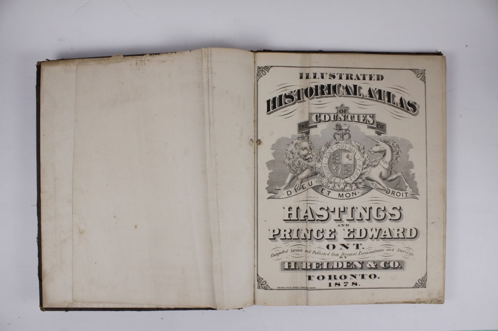 BELDEN. ATLAS HASTINGS / PRINCE EDWARD, ON. 1878: H. Belden & Co. ILLUSTRATED HISTORICAL ATLAS OF THE COUNTIES OF HASTINGS AND PRINCE EDWARD ONT. Toronto: H. Belden & Co., Toronto Lith. Co. Gorrell Craig & Co., 1878. Folio. Original half black morocc