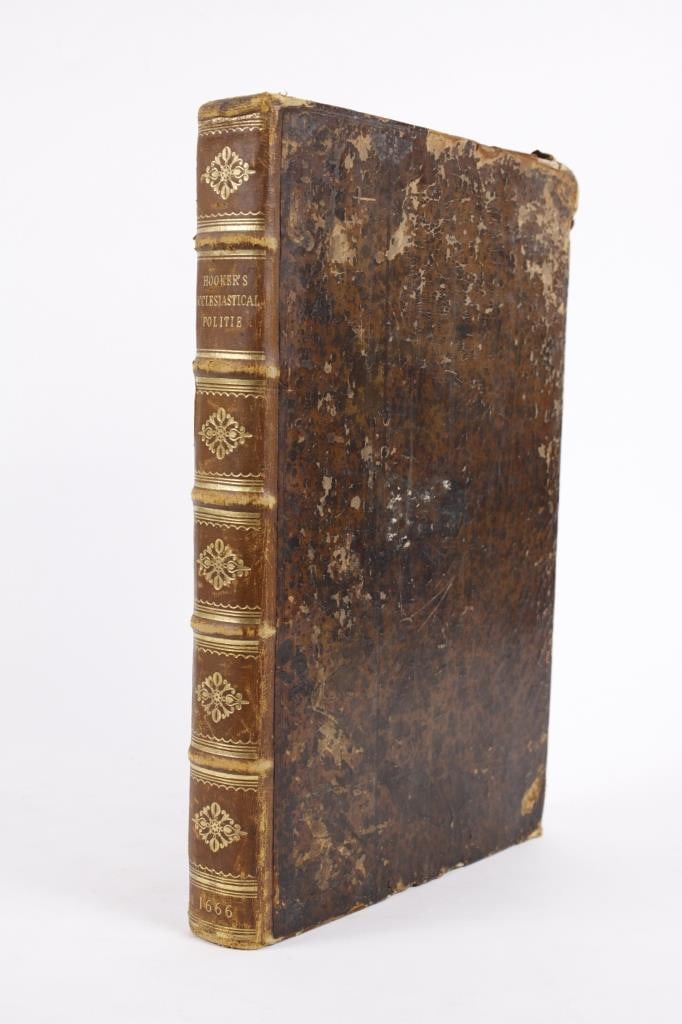 HOOKER, R. LAWES OF ECCLESIASTICAL POLITIE. 1666: Hooker, Richard. OF THE LAWES OF ECCLESIASTICAL POLITIE. EIGHT BOOKES. London: printed for Andrew Crooke, 1666. Large quarto. Full mottled calf boards, spine rebacked. Boards with blind ruling and mot