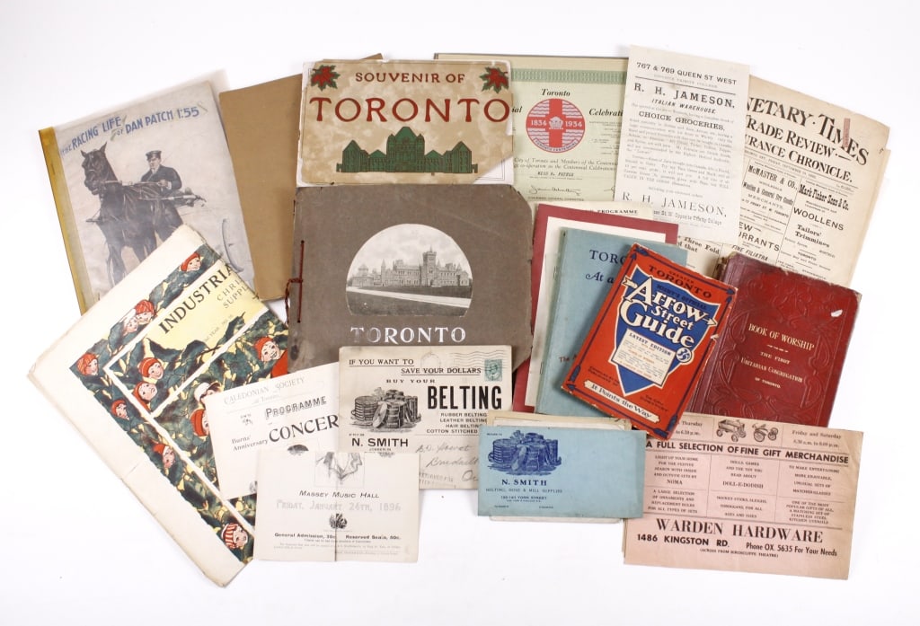 [TORONTO] COMMERCIAL & BROCHURES. LOT OF 31 PIECES: TORONTO COMMERCIAL PAPERS & BROCHURES. A lot of approximately 31 pieces sold together. Circa 1860 to early 20th century. Condition and sizes vary. Including religious pamphlets/ephemera, various guide
