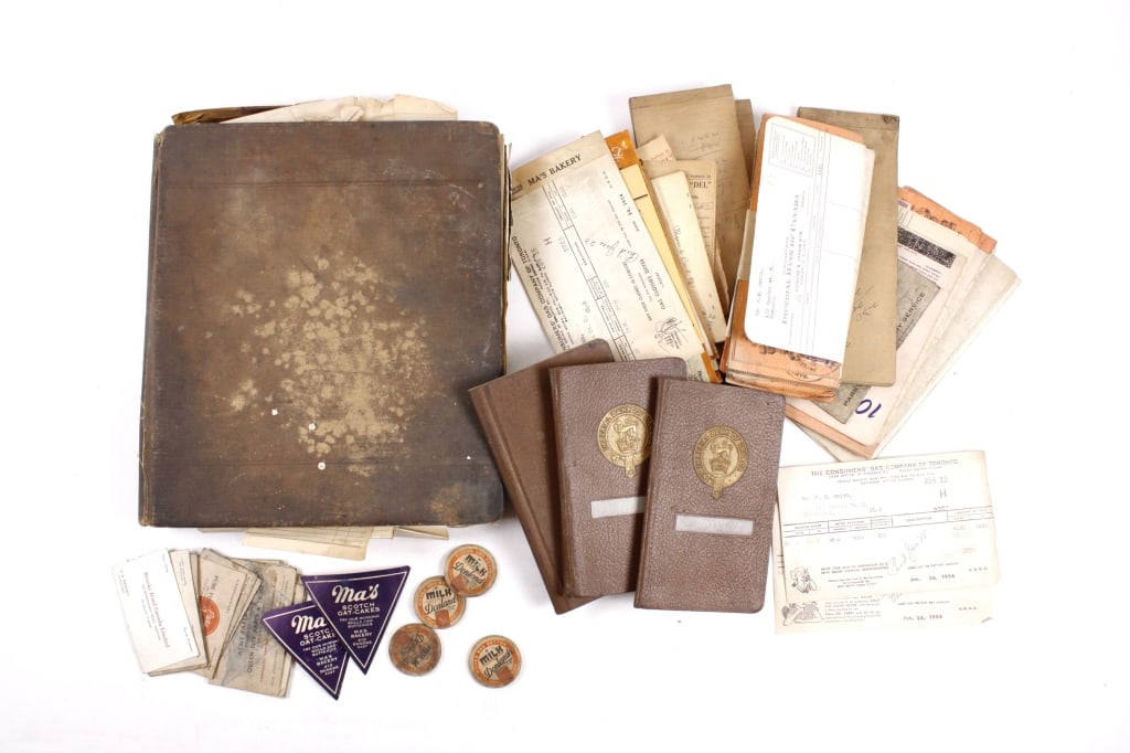 [TORONTO] MA'S BAKERY. LOT OF 35+ PIECES TOGETHER: MA'S BAKERY, (410 Dundas St. East, TORONTO; F.H. Smith). A lot of 35+ pieces. Circa 1920s-50s. Condition and sizes vary. Including: business ledgers, one larger (quarto size, cloth boards) with variou