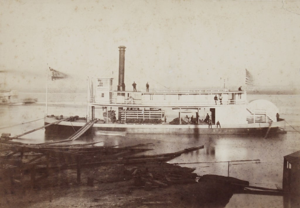 STEAMER, BUILT 1881. ALBUMEN PRINT: STEAMER. Mounted albumen print. Handwritten caption: "Built in 1881 for the Rio Grande Ry Co. by the Western Iron Boat Building Co. Allen & Blaisdell [?] Props. South St. Lucius [?] N10." American fla