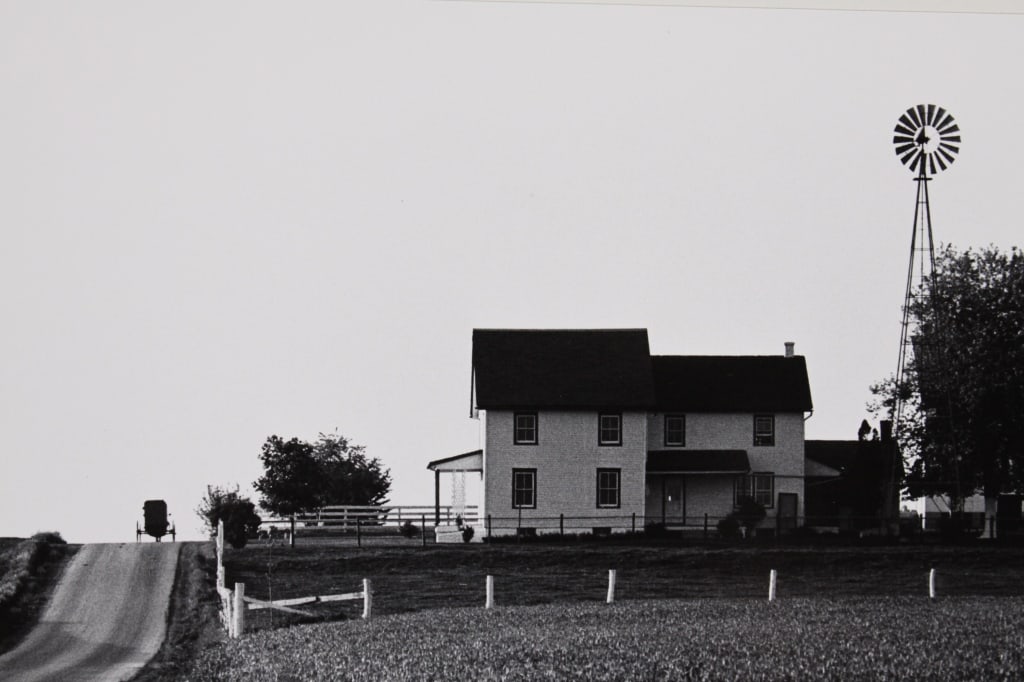 TICE, GEORGE A. BUGGY, FARMHOUSE, WINDMILL. 1965: TICE, George A. BUGGY, FARMHOUSE, AND WINDMILL. LANCASTER, PA, 1965. Print mounted on larger sheet, taped inside mat. Signed in pencil on sheet recto, captioned in pencil on verso. Print: 12.5 x 24 cm