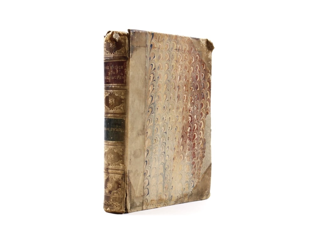 TWAIN. PRINCE AND PAUPER. 1882. 1ST ED, 1ST ISSUE: Twain, Mark. THE PRINCE AND THE PAUPER: A TALE FOR YOUNG PEOPLE OF ALL AGES. Boston: James R. Osgood, 1882. 1st EDITION, 1st ISSUE. 8vo. Half leather over marbled paper boards, worn. Spine with 4 slig