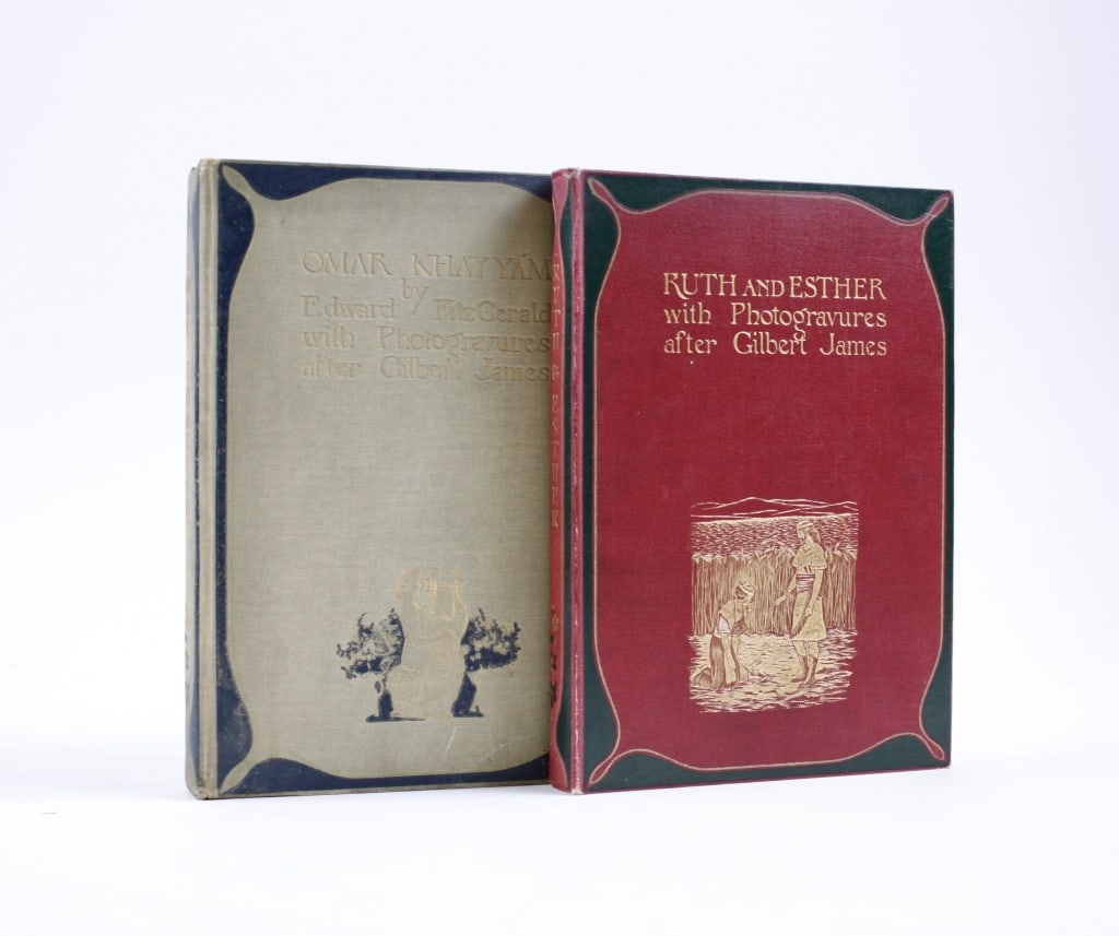 [JAMES, GILBERT] BOOKS OF RUTH & ESTHER / RUBAIYAT: JAMES, GILBERT. A lot of 2 volumes sold together. Both 8vo, hardcovers, cloth boards; illustrated with photogravures. Including: THE BOOKS OF RUTH AND ESTHER. London: George Routledge & Sons, n.d. * F