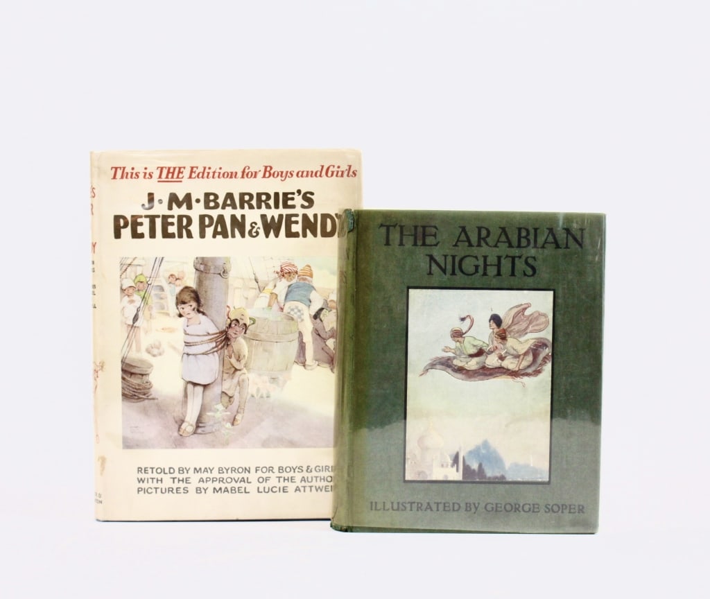 [ILLUSTRATED CHILDREN'S] LOT OF 2 VOLUMES TOGETHER: ILLUSTRATED CHILDREN'S. A lot of 2 volumes sold together. Including: Soper, George [illus]. THE ARABIAN NIGHTS. London: Headley Bros., n.d. (c. 1920s). 8vo, cloth boards, colour plate mounted to upper