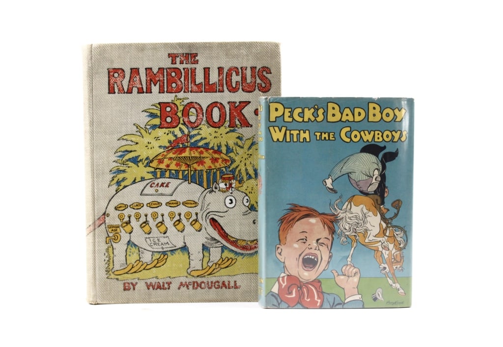 [CHILDREN'S ILLUSTRATED] LOT OF 2 VOLUMES TOGETHER: CHILDREN'S ILLUSTRATED. A lot of 2 volumes sold together. Including: Peck, Geo W. PECK'S BAD BOY WITH THE COWBOYS. Chicago: John R. Stanton Co., 1907. 8vo, full brown cloth boards, dust jacket in Myla