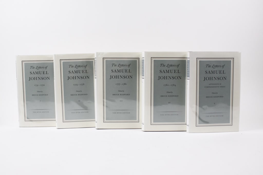 REDFORD. LETTERS OF SAMUEL JOHNSON. 5V. 1992-4: Redford, Bruce. THE LETTERS OF SAMUEL JOHNSON. Hyde Edition. Princeton: Princeton University Press, 1992-4. 5 vols, large 8vo. Full grey cloth boards, spines lettered in gilt. With dust jackets in Myl