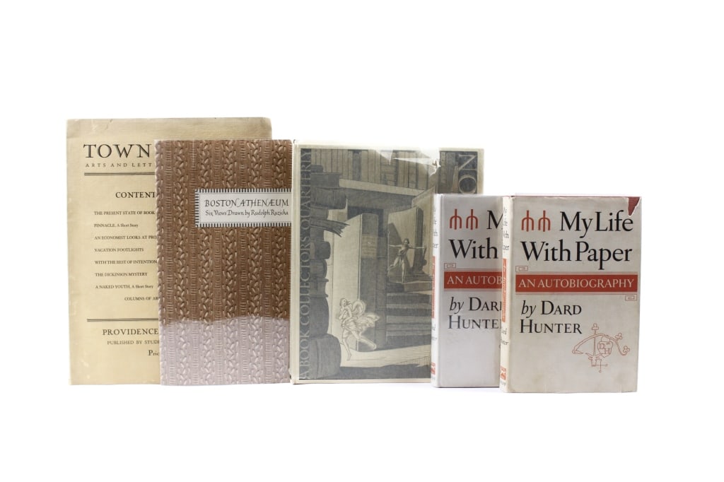 [ARTS AND LETTERS] LOT OF 5 VOLUMES SOLD TOGETHER: ARTS AND LETTERS. A lot of 5 volumes sold together. Including: (x2 copies) Hunter, Dard. MY LIFE WITH PAPER. New York: Alfred A. Knopf, 1958. 8vo, cloth boards, with dust jackets clipped, one in Mylar