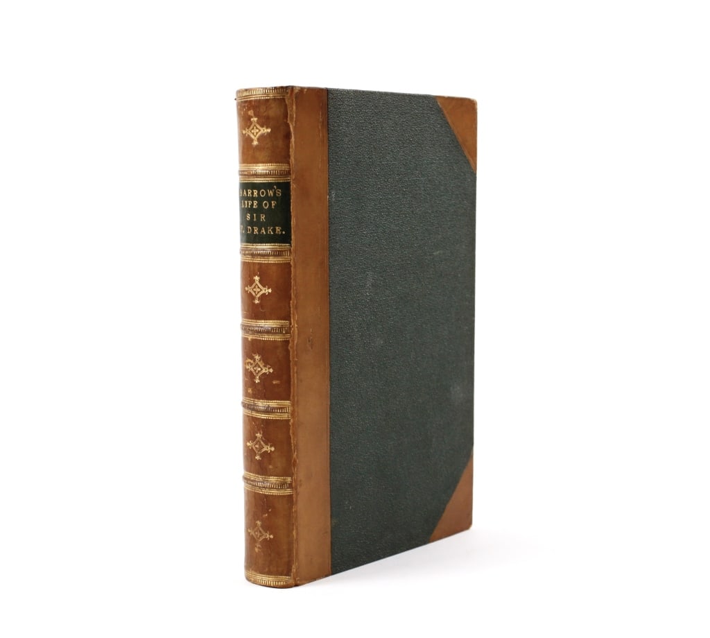 BARROW, JOHN. LIFE OF FRANCIS DRAKE. 1843: Barrow, John. THE LIFE, VOYAGES, AND EXPLOITS OF ADMIRAL SIR FRANCIS DRAKE. (London) John Murray, 1843. 8vo. Half calf over green pebbled cloth boards. Spine with 5 raised bands, green calf label in 2