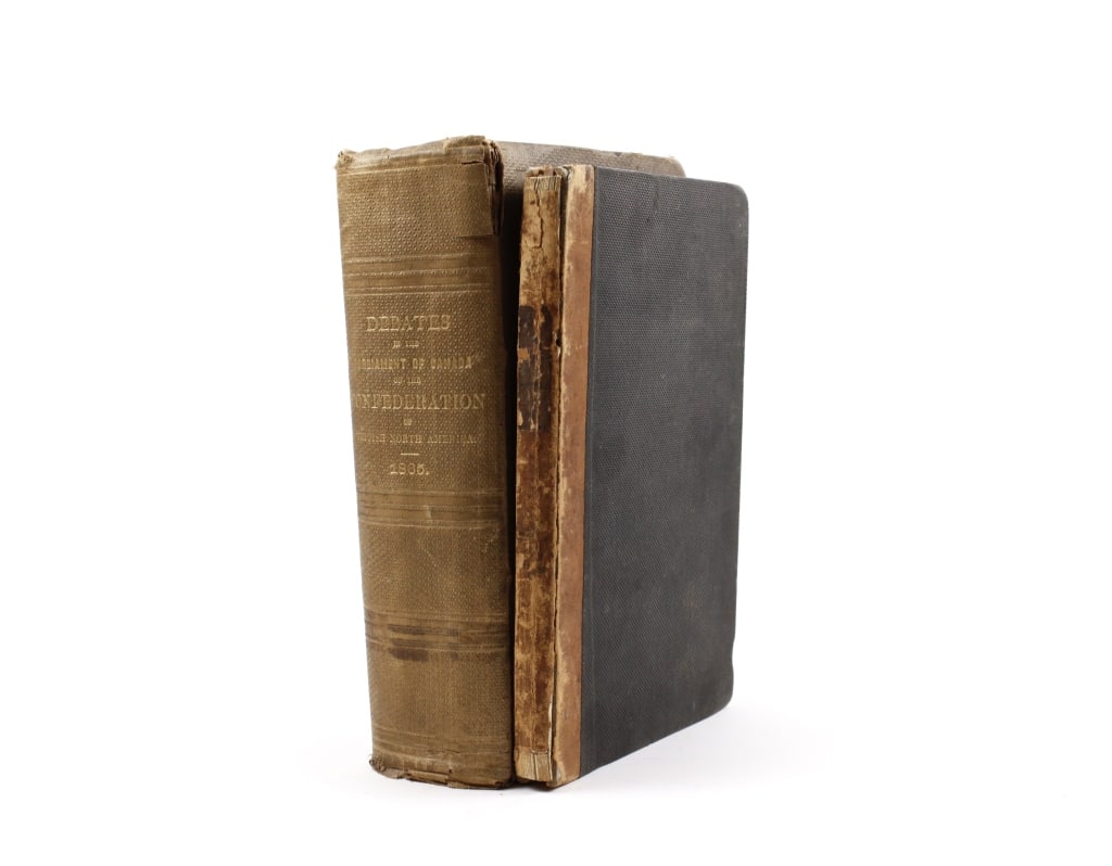 [CONFEDERATION] LOT OF 2 VOLUMES SOLD TOGETHER: CONFEDERATION. A lot of 2 volumes sold together. Including: VICTORIAE, BRITANNIARUM REGINAE. Quebec: Augustin Cote / George Thomas Cary, c. 1867. 8vo, cloth boards backed in leather, spine worn. Frenc