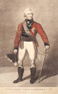FIELD. JOHN COAPE SHERBROOKE, COMMANDER. 1816: Field, Robert. LT. GENL. SIR JOHN COAPE SHERBROOKE G.C.B. GOV. GEN. COM. OF THE FORCES ON BRITISH N. AMERICA. Halifax: Robert Field, 1816. Print mounted to board, newspaper mounted to verso. Print: 13