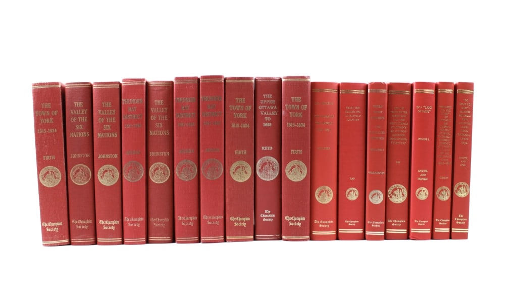 [CHAMPLAIN SOCIETY] LOT OF 17 VOLUMES TOGETHE: Errington, Jane [general editor]. CHAMPLAIN SOCIETY. A lot of 17 volumes sold together. All 8vo, red cloth boards. Including: Johnston, Charles M. (x3 copies) THE VALLEY OF THE SIX NATIONS. A COLLECTI