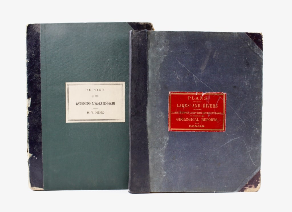 [CANADA REPORTS] LOT OF 2 VOLUMES SOLD TOGETHER: CANADA REPORTS. A lot of 2 volumes sold together. Both quarto, half leather over cloth boards, worn, with folding maps/plates. Including: PLANS OF VARIOUS LAKES AND RIVERS BETWEEN LAKE HURON AND THE R