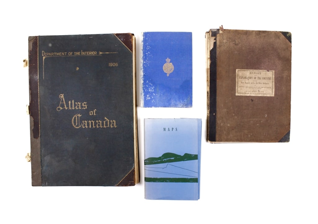 [MAPPING] LOT OF 3 VOLS + 5 LOOSE MAPS TOGETHER: MAPPING. A lot of 3 volumes + 5 maps sold together. Including: Lindsey, Charles. AN INVESTIGATION OF THE UNSETTLED BOUNDARIES OF ONTARIO. Toronto: Hunter, Rose & Co., 1873. 8vo, blue cloth boards. Fol