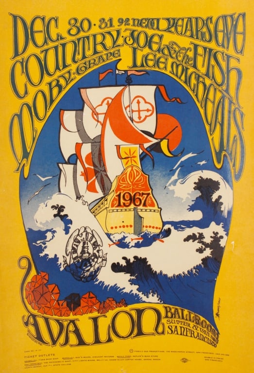 [POSTER] COUNTRY JOE AT AVALON, SAN FRAN. 1967: Mouse / Kelly. COUNTRY JOE & THE FISH. MOBY GRAPE. LEE MICHAELS. AT AVALON BALLROOM. San Francisco: Family Dog Productions / Double-H Press, 1967. Code no. 41 (1). Union Logo 72 near lower right. Post
