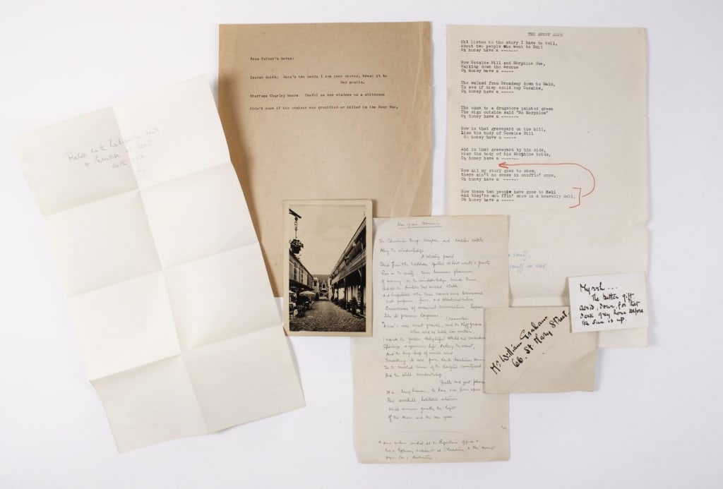 "THE SNUFF SONG", PLUS OTHER MANUSCRIPT: THE SNUFF SONG. Typewritten sheet of song lyrics, sold with other manuscript letters, plus postcard from Toronto. Generally good condition, various imperfections. *Additional images and detailed condi
