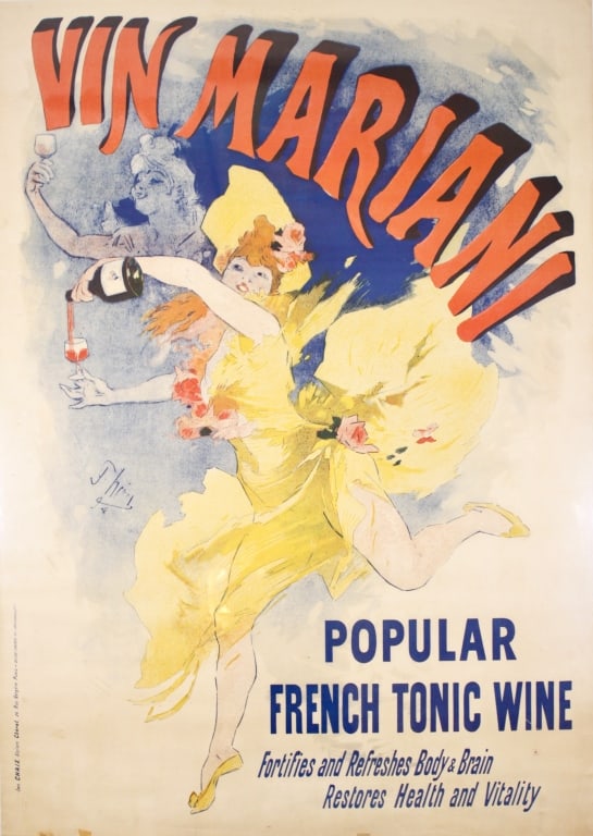 CHERET, JULES. VIN MARIANI, FRENCH WINE. 1894: Cheret, Jules. VIN MARIANI. POPULAR FRENCH TONIC WINE. Paris: Chaix Ateliers Cheret, 1894. Lithograph poster, mounted on cloth and board and shrinkwrapped. Cat. 1116, illustrated in LA BELLE EPOQUE DE