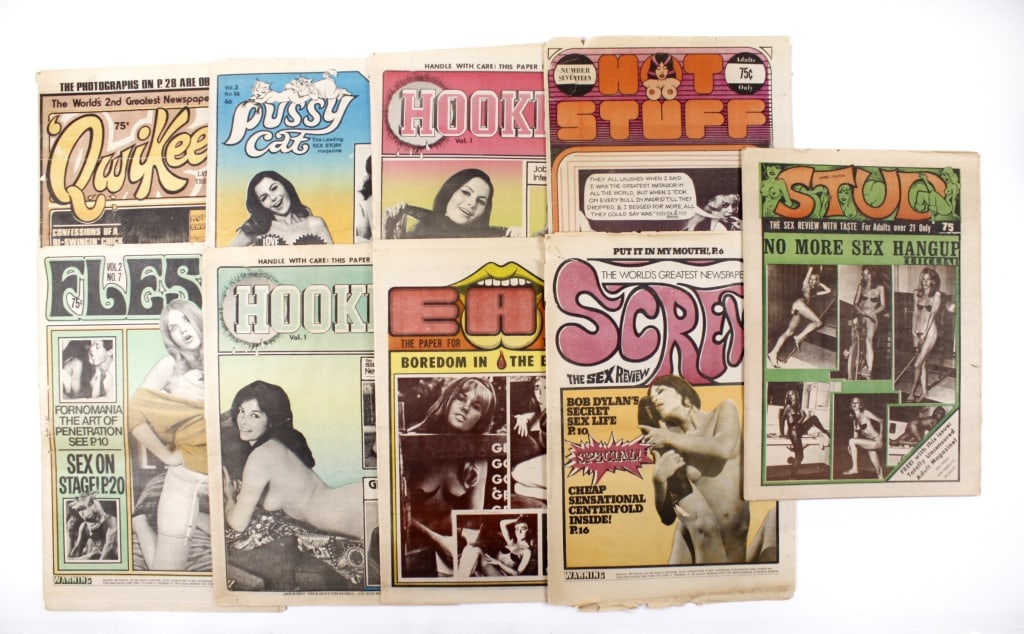 [NY SMUT MAGS] LOT OF 9 PIECES SOLD TOGETHER: NY SMUT. A lot of 9 pieces sold together. Including: FLESH; QWIKEE; PUSSY CAT; HOOKER; HOT STUFF; EAT; SCREW; STUD. Circa 1971; dates vary. Generally good condition, various imperfections; some tears,