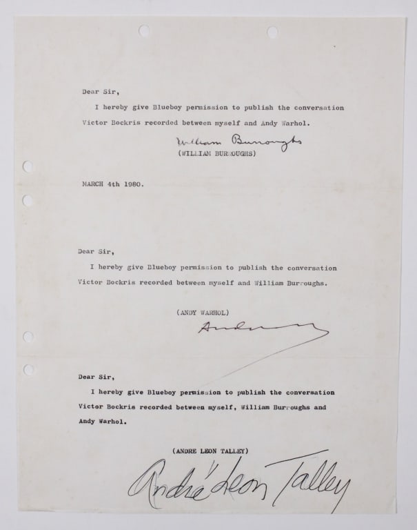 BURROUGHS / WARHOL / TALLEY. SIGNED DOCUMENT. 1980 (1 of 2)