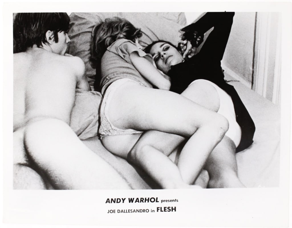 WARHOL, ANDY. JOE DALLESANDRO IN 'FLESH': ANDY WARHOL PRESENTS JOE DALLESANDRO IN FLESH. Publicity photograph. Credits crossed out on verso. 8" x 10". Generally very good condition, various imperfections. *Additional images and detailed condi