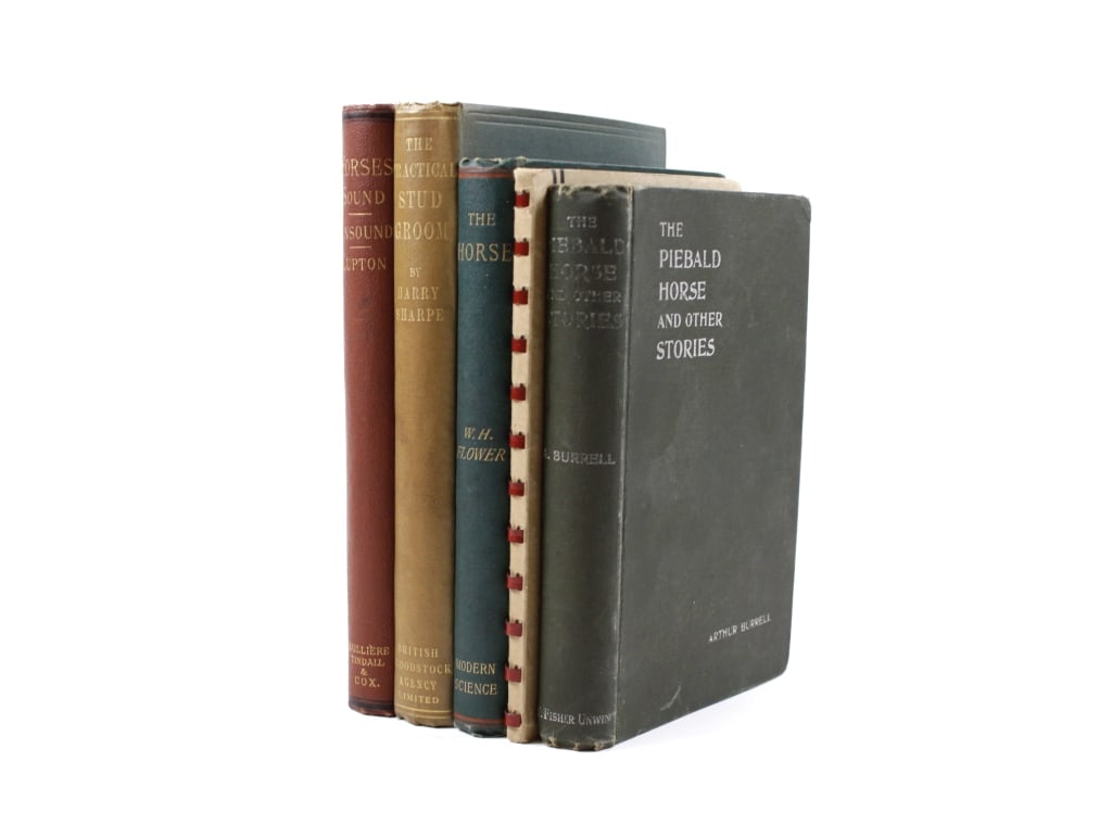 [HORSEMANSHIP] LOT OF 5 VOLUMES SOLD TOGETHER: HORSEMANSHIP. A lot of 5 volumes sold together. All 8vo, all but 1 vol in cloth boards (one in wraps). Including: Flower, William Henry. THE HORSE. A STUDY IN NATURAL HISTORY. London: Kegan Paul, Tren