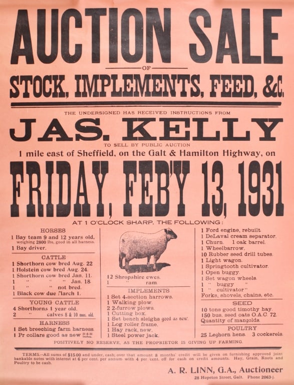 AUCTION SALE OF STOCK, ETC. 1931 BROADSIDE: A.R. LINN., Galt. AUCTION SALE OF STOCK, IMPLEMENTS, FEED, &c. 1931. Broadside on orange paper with multiple fonts, woodcut of sheep, advertising horses, cattle, implements (furrow plows, cutting box,